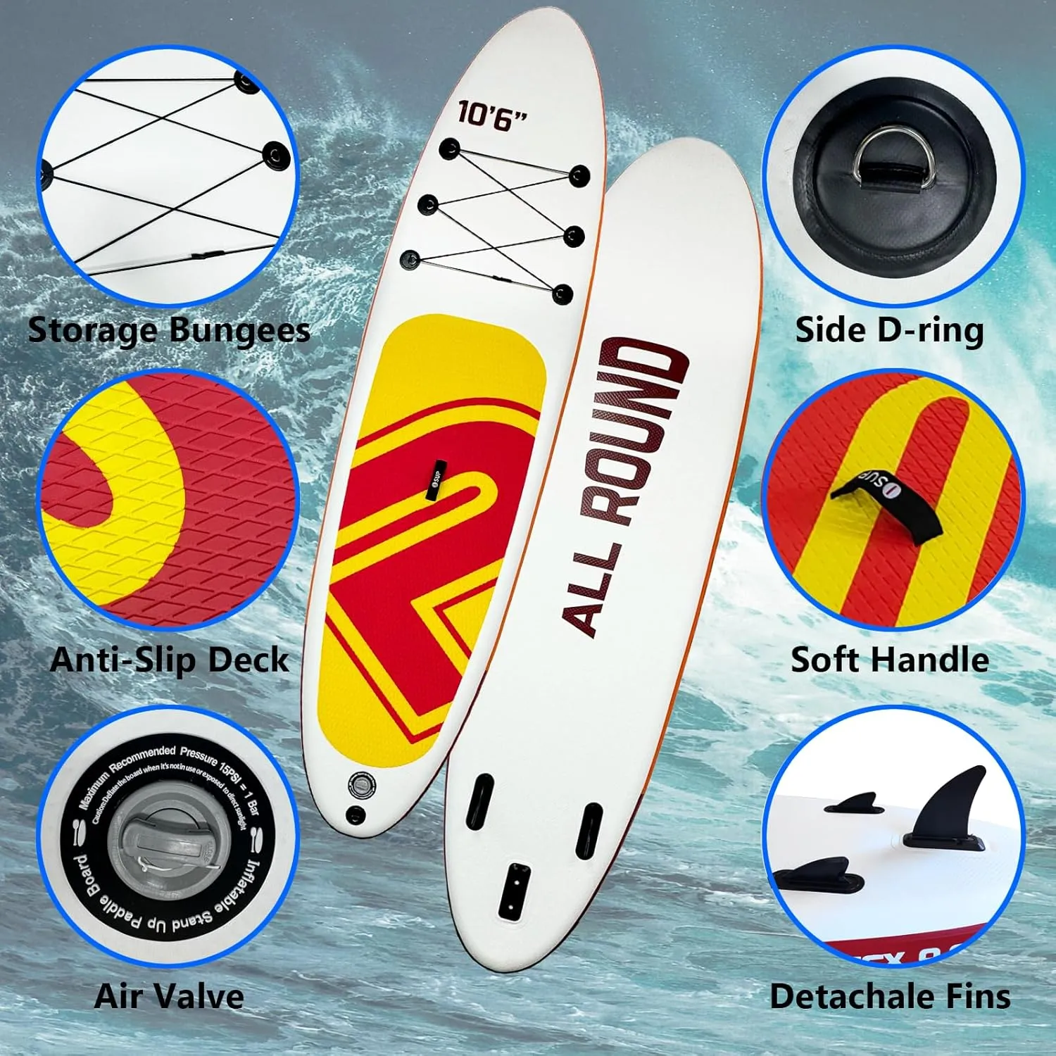 10'6" Inflatable Stand Up Paddle Board, Inflatable Paddle Board with Premium Sup Paddle Board Accessories with Removable Fins, Non-Slip Deck Design, Safety Leash for Surfing,Paddling,Yoga