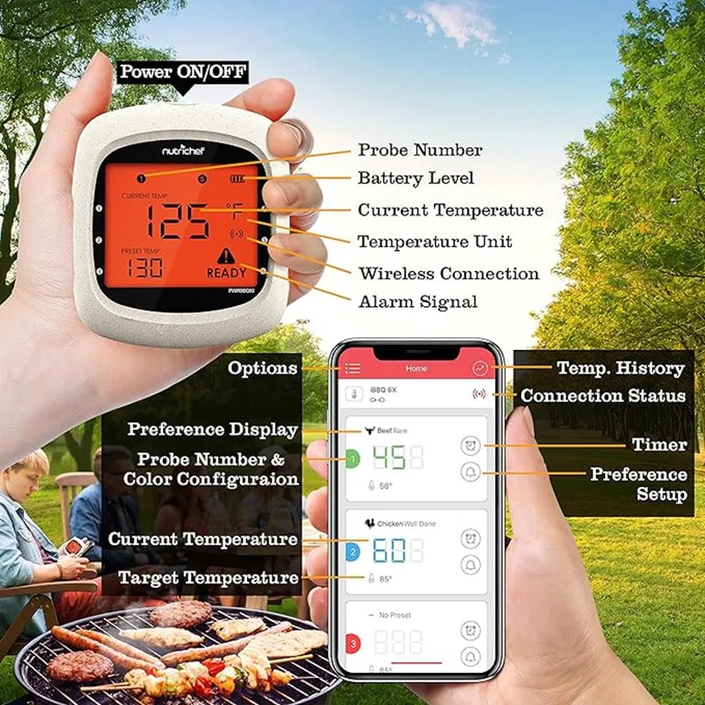 4 Channels Bluetooth Bbq Digital Thermometer With 4 Probes - Large Lcd Display, For Grilling Smoking, Oven, Cooking, And Bbq