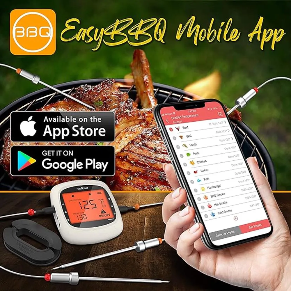 4 Channels Bluetooth Bbq Digital Thermometer With 4 Probes - Large Lcd Display, For Grilling Smoking, Oven, Cooking, And Bbq
