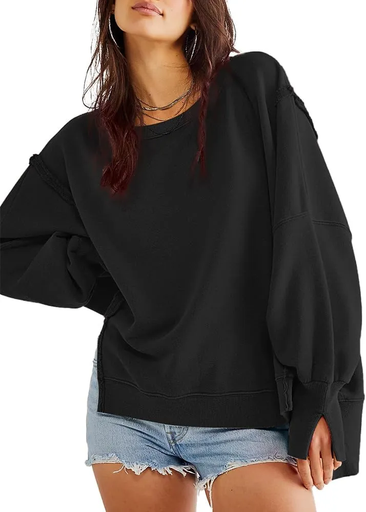 Beaully Women's Oversized Sweatshirts Crew Neck Long Sleeve Side Slit Pullovers Sweatshirt Casual Fall Clothes Sweater