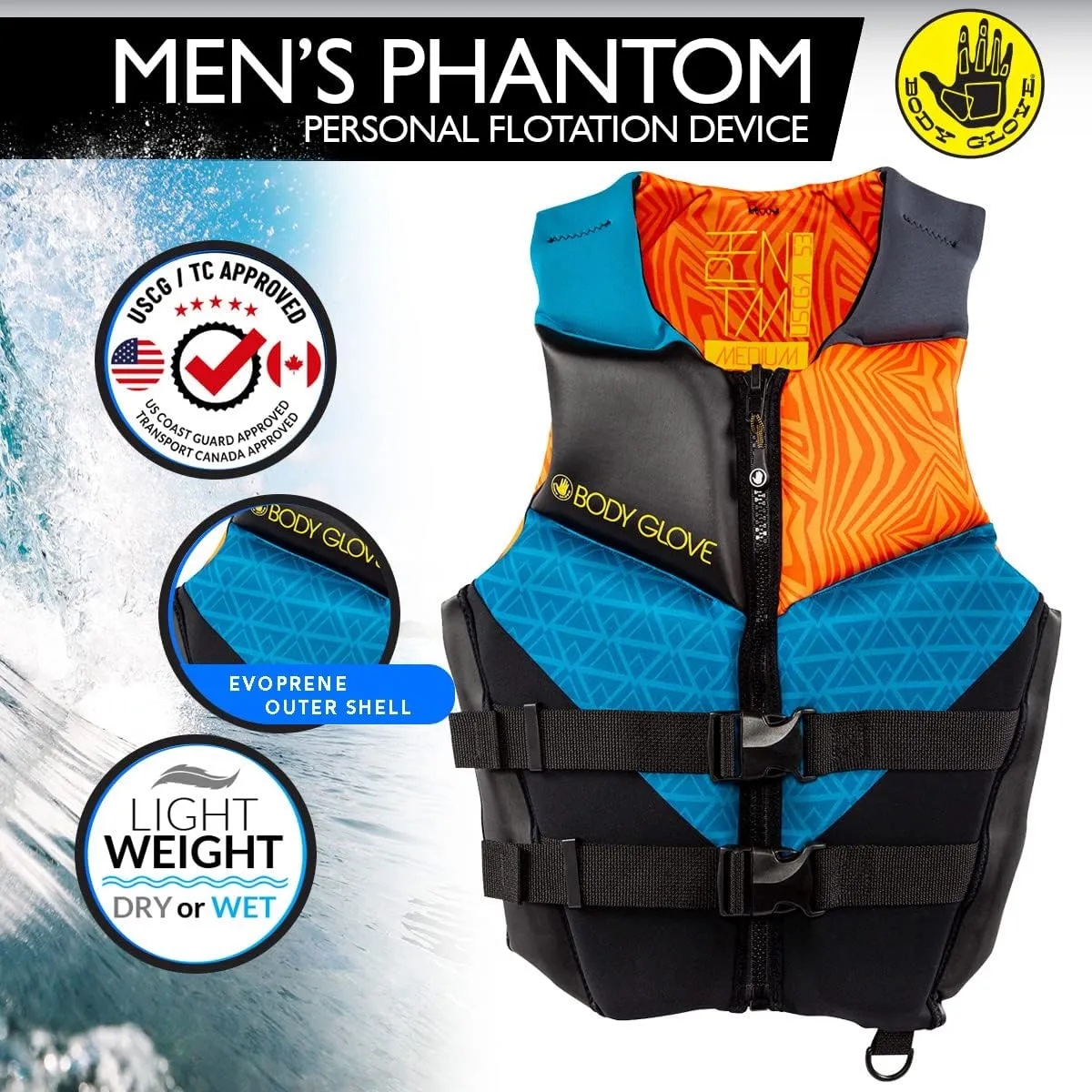 Body Glove- Phantom Men's Evoprene PFD-Adult Life Jacket - Coast Guard Approved, High Mobility PFD, Lightweight Buoyancy Foam, Universal and Oversize