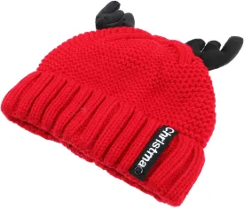 Christmas Antler Knitted Beanie Hat Cozy Woolen Yarn Knit Cap for Cute Xmas Knit Hat for Adults Design Red
