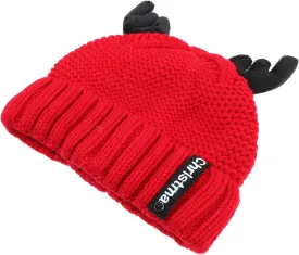 Christmas Knitted Deer Antler Hat Woolen Yarn Warm Beanie Festive Accessory Red