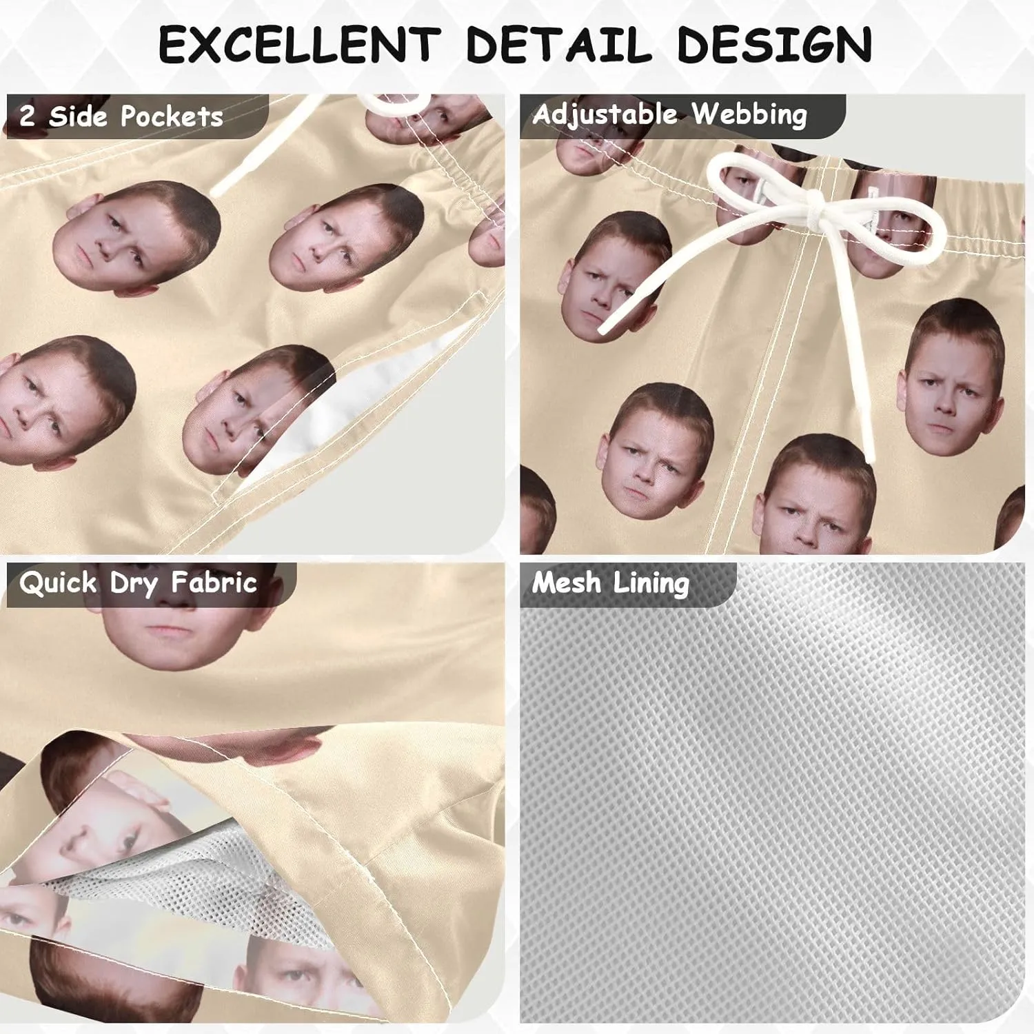 Custom Funny Boys Swim Trunks Personalized Photo Face Infant Baby Boy Swim Board Shorts Beach Shorts Swimwear