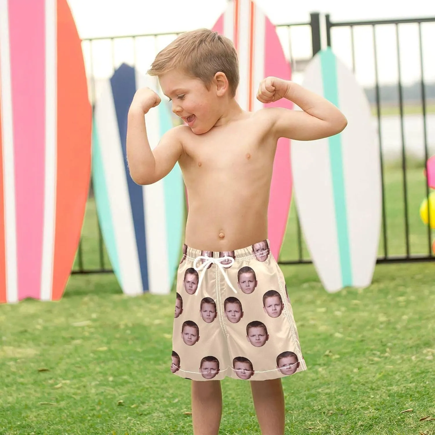 Custom Funny Boys Swim Trunks Personalized Photo Face Infant Baby Boy Swim Board Shorts Beach Shorts Swimwear