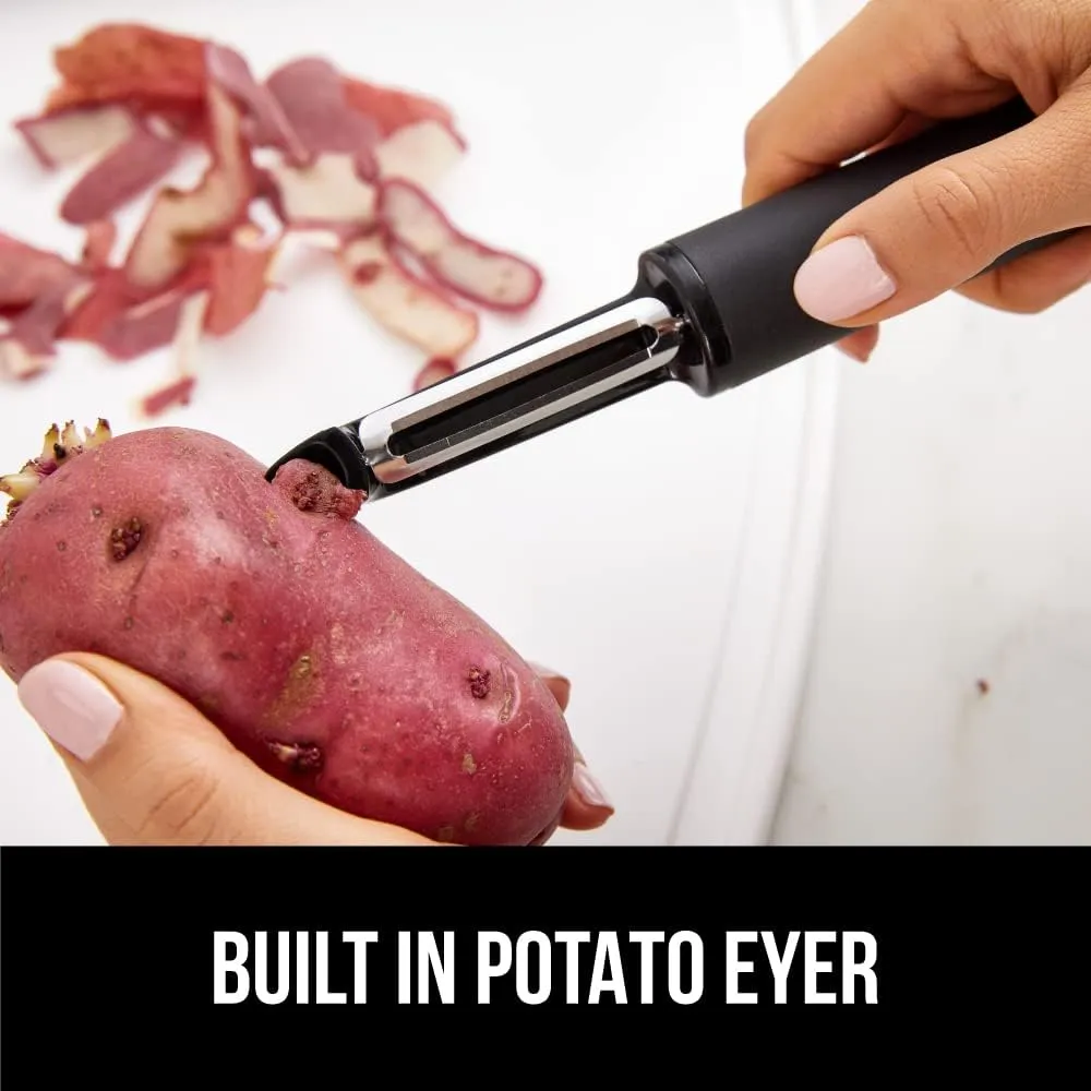 GORILLA GRIP Patented BPA-Free Sharp Stainless Steel Swivel Vegetable Peeler, Comfortable Handle Potato Peelers, Smooth Peeling, Peel Carrots Apple, Includes Blade Cover, Kitchen Tool, Black