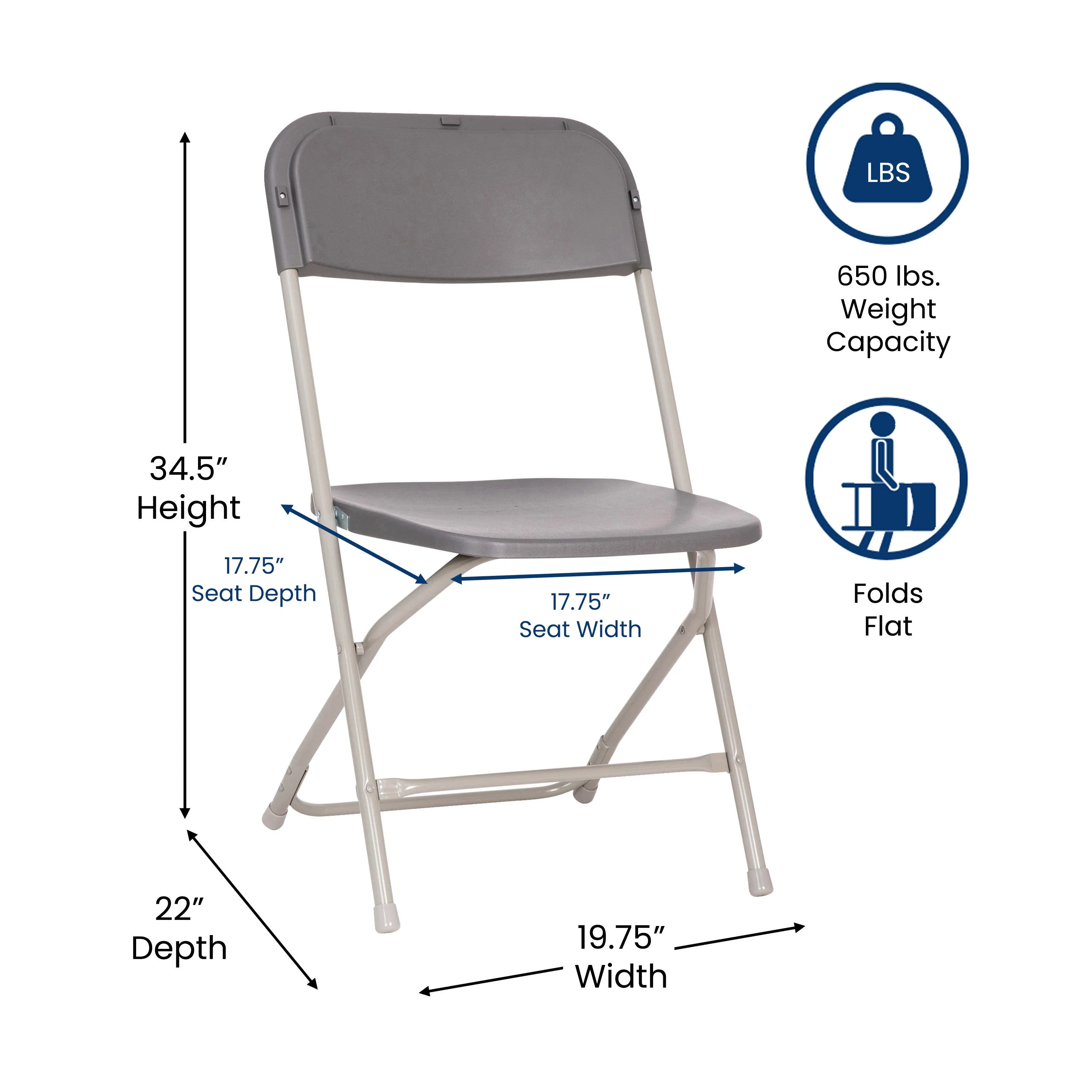 Hercules Big and Tall Commercial Folding Chair - Extra Wide 650LB. Capacity - Durable Plastic - Gray, 4-Pack