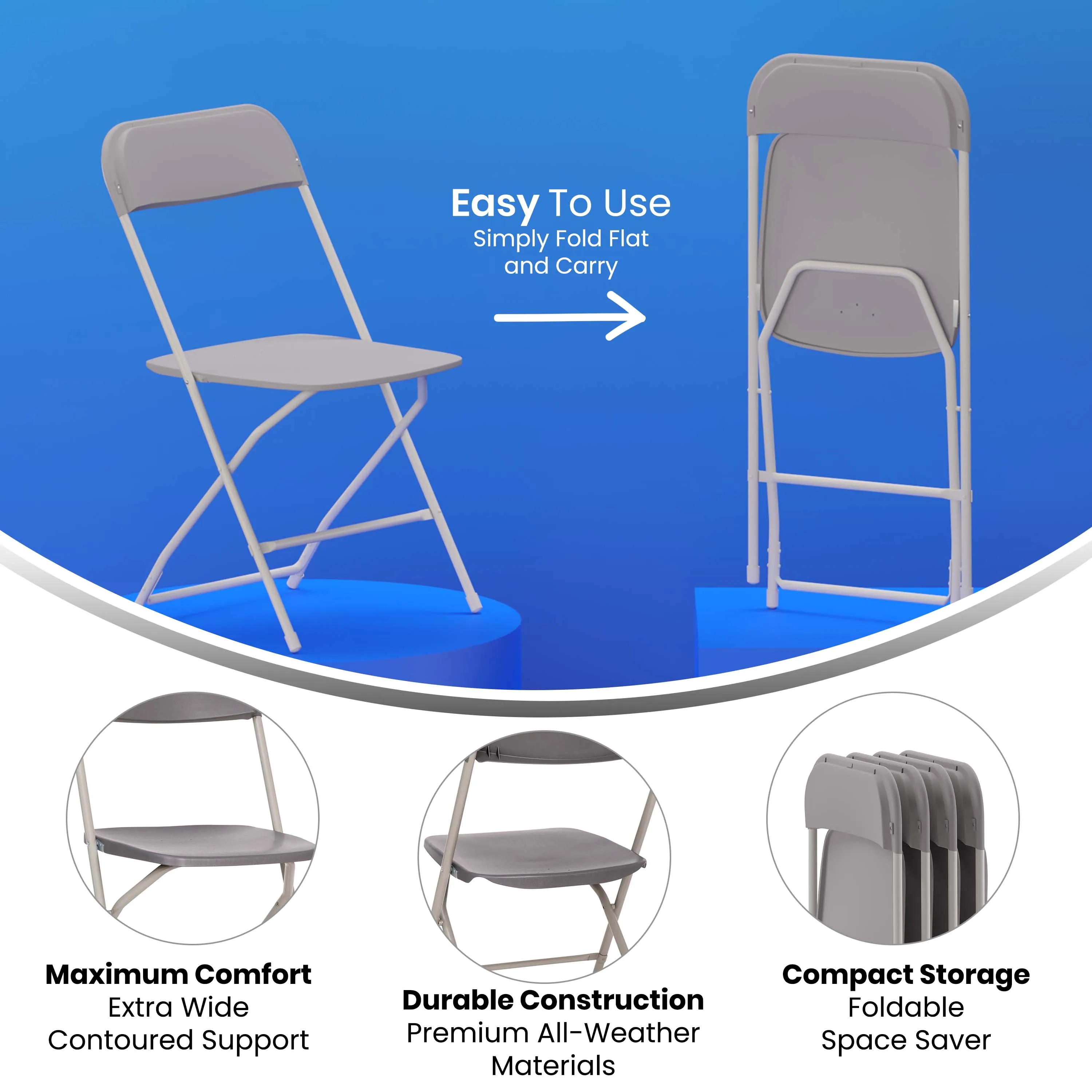 Hercules Big and Tall Commercial Folding Chair - Extra Wide 650LB. Capacity - Durable Plastic - Gray, 4-Pack
