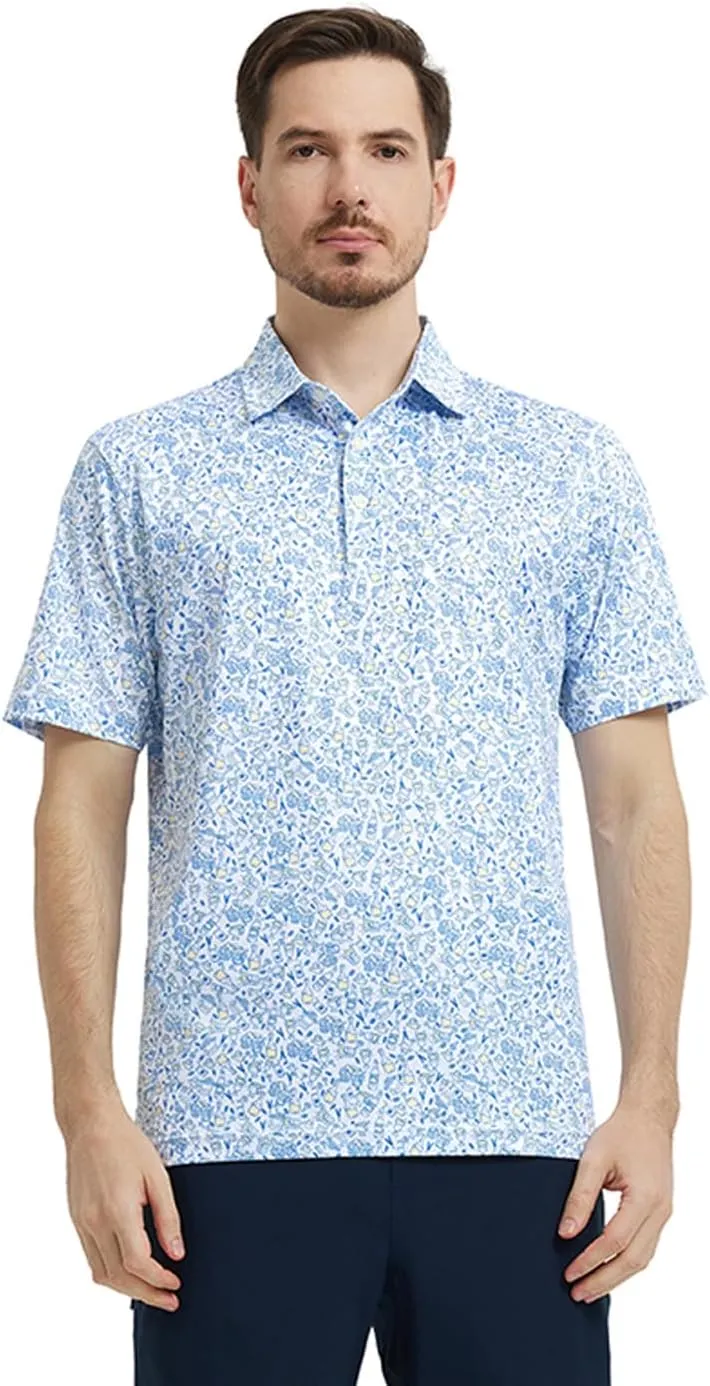 Men' s Golf Shirts Short Sleeve Print Performance Moisture Wicking Dry Fit Golf Polo Shirts for Men