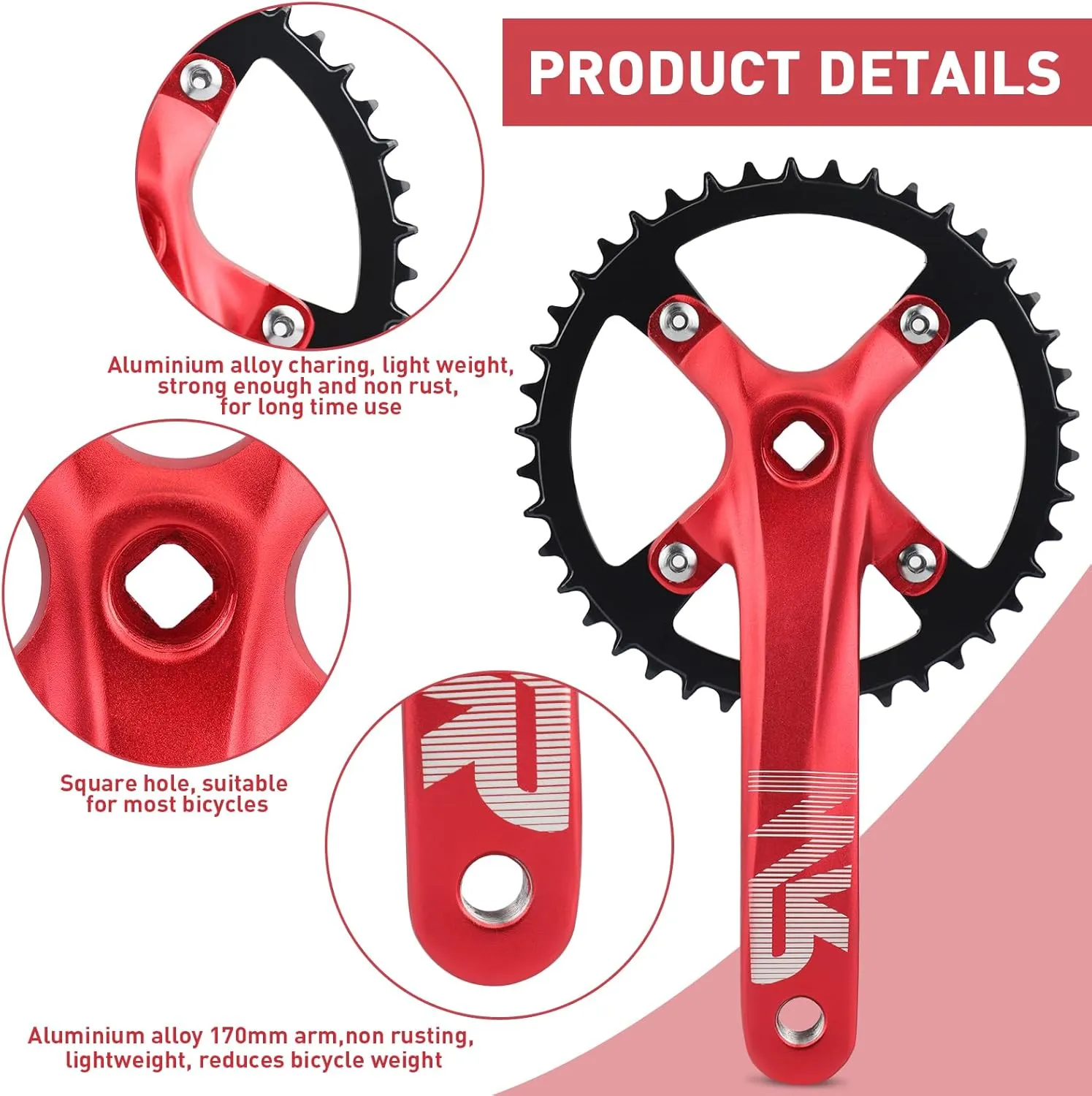 Mountain Bike Crankset Aluminium Alloy 1 Piece/Single 42T Charing Crank Set with 170mm Arm 104 BCD, Compatible with Single Speed Bicycle and 6/7/8/9/10/11 Speeds MTB Bike