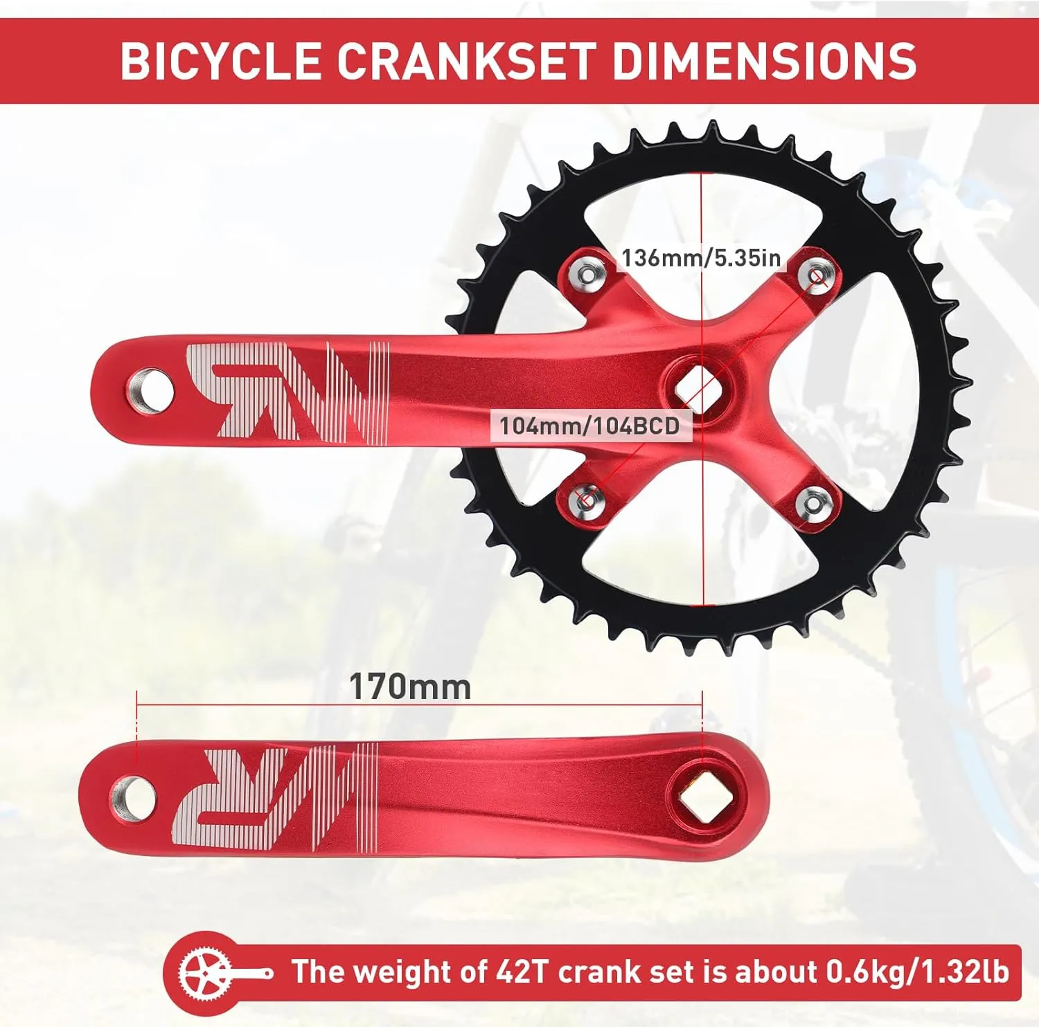 Mountain Bike Crankset Aluminium Alloy 1 Piece/Single 42T Charing Crank Set with 170mm Arm 104 BCD, Compatible with Single Speed Bicycle and 6/7/8/9/10/11 Speeds MTB Bike