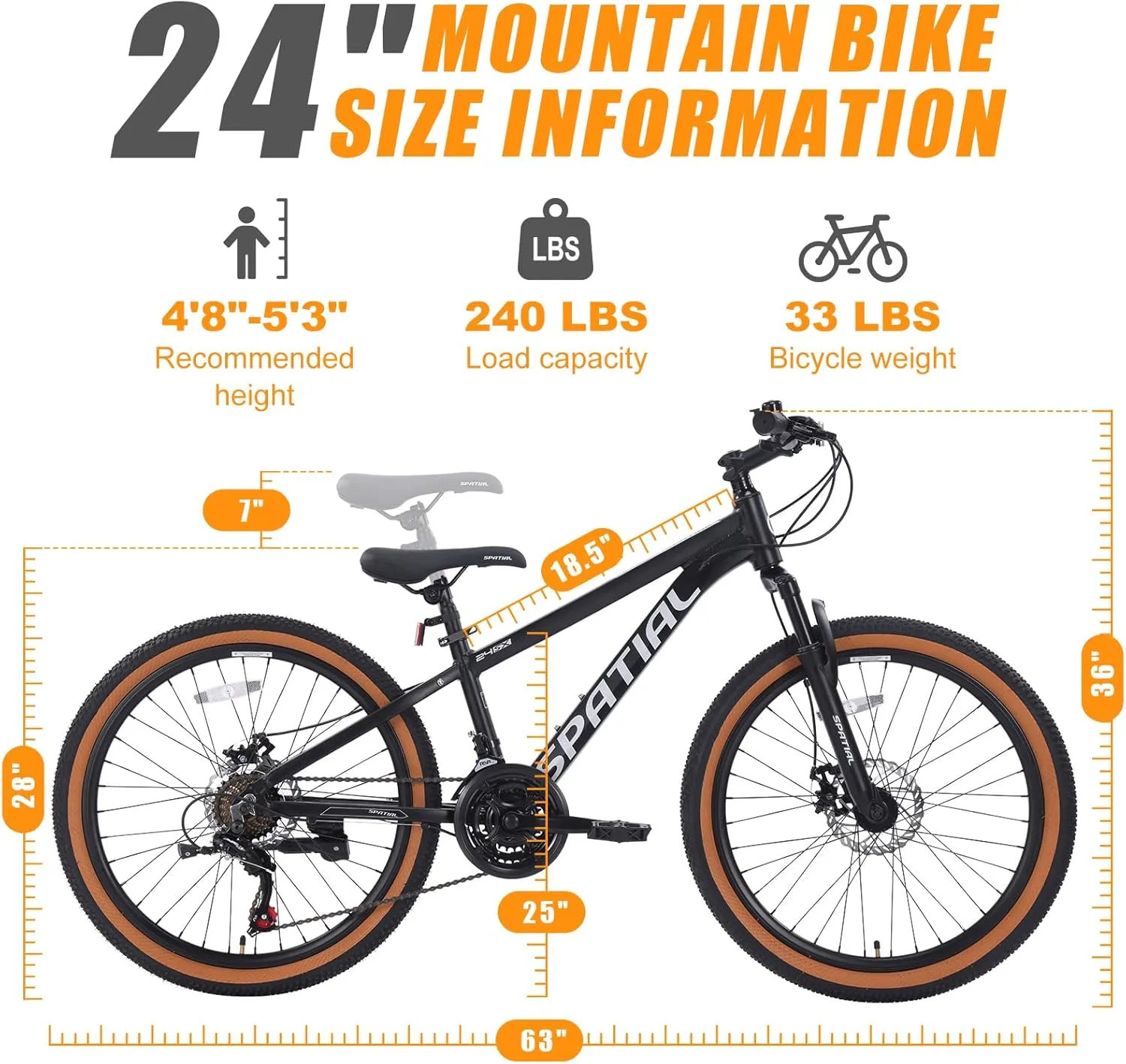 SPATIAL 24 Inch Mountain Bike,21 Speed with Aluminum Frame Lightweight Bike,Dual Disc Brake Mountain Bicycle for Men Womens Teenagers Bicycles
