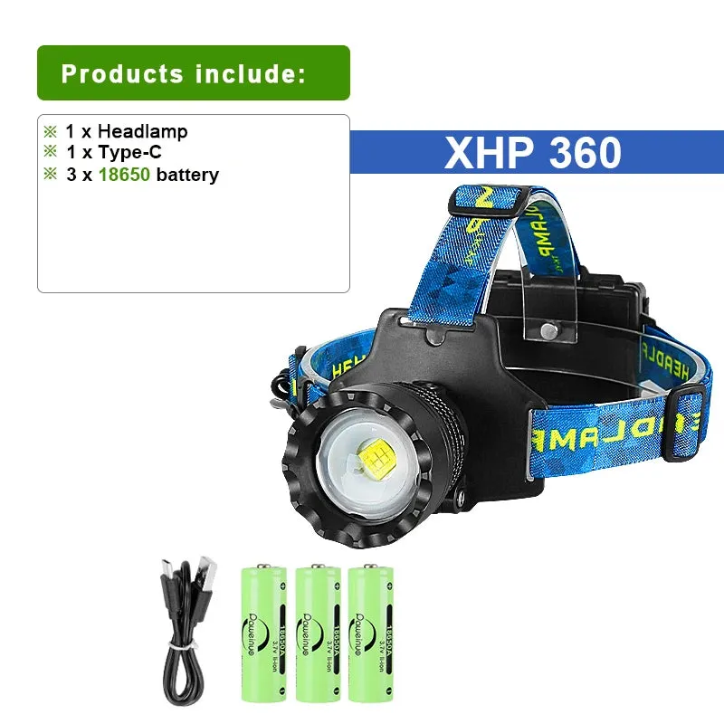 Super 4core Watt LED Powerful Headlamp Rechargeable Head Lamp 3 mode Waterproof Head Flashlight Lantern 2000M Zoomable Headlight
