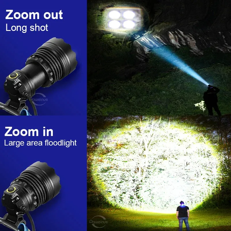 Super 4core Watt LED Powerful Headlamp Rechargeable Head Lamp 3 mode Waterproof Head Flashlight Lantern 2000M Zoomable Headlight