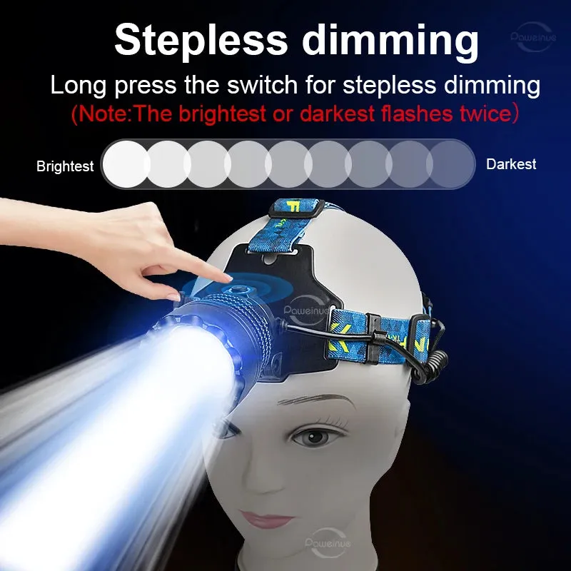 Super 4core Watt LED Powerful Headlamp Rechargeable Head Lamp 3 mode Waterproof Head Flashlight Lantern 2000M Zoomable Headlight