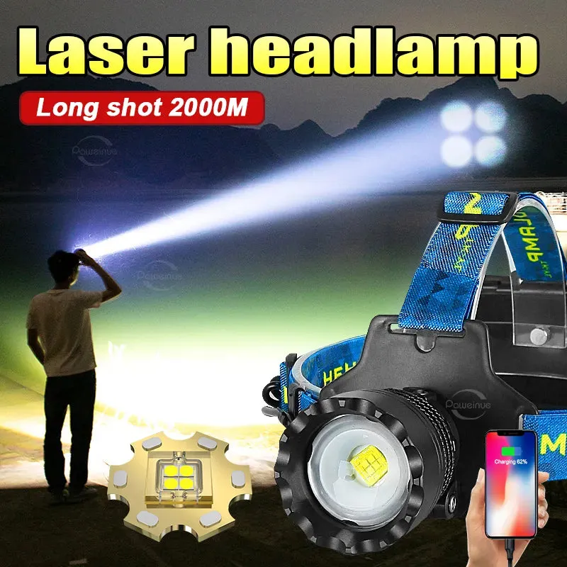 Super 4core Watt LED Powerful Headlamp Rechargeable Head Lamp 3 mode Waterproof Head Flashlight Lantern 2000M Zoomable Headlight