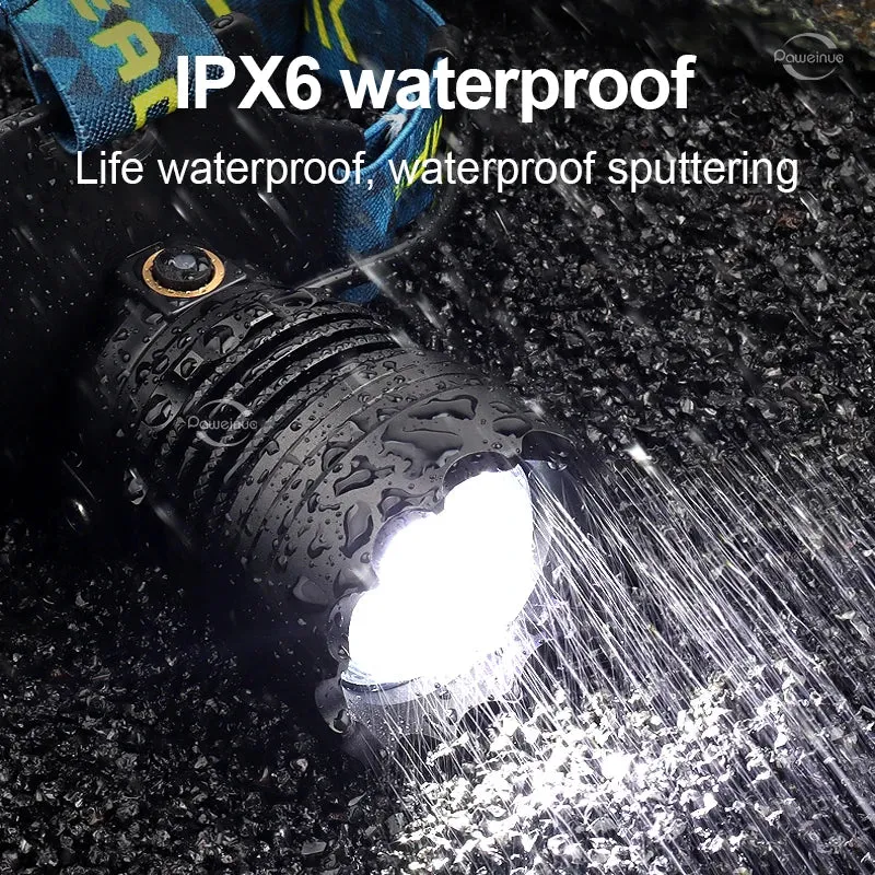 Super 4core Watt LED Powerful Headlamp Rechargeable Head Lamp 3 mode Waterproof Head Flashlight Lantern 2000M Zoomable Headlight