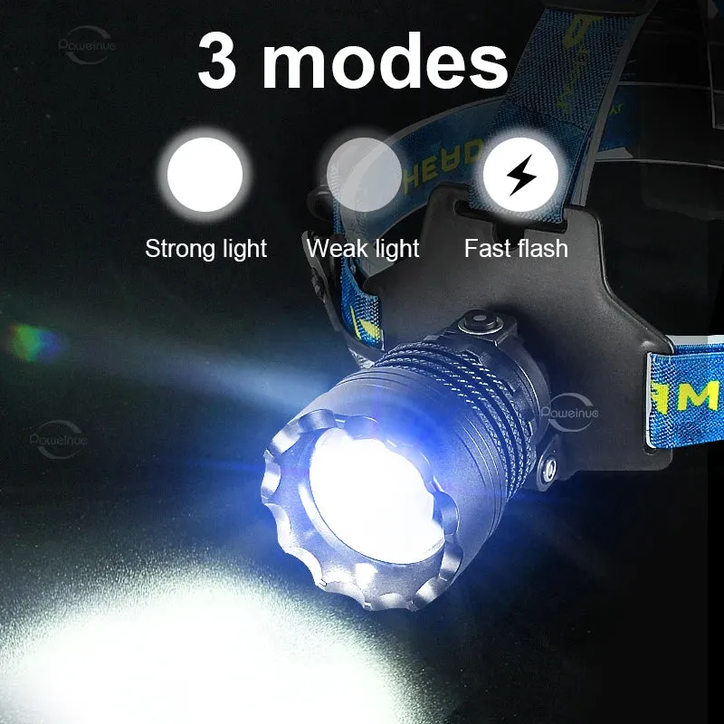 Super 4core Watt LED Powerful Headlamp Rechargeable Head Lamp 3 mode Waterproof Head Flashlight Lantern 2000M Zoomable Headlight