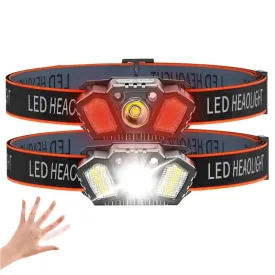 Super Bright LED Sensor Headlamp USB Rechargeable With Red Caution Light 5 Modes Outdoor Fishing Camping Hiking Head Flashlight