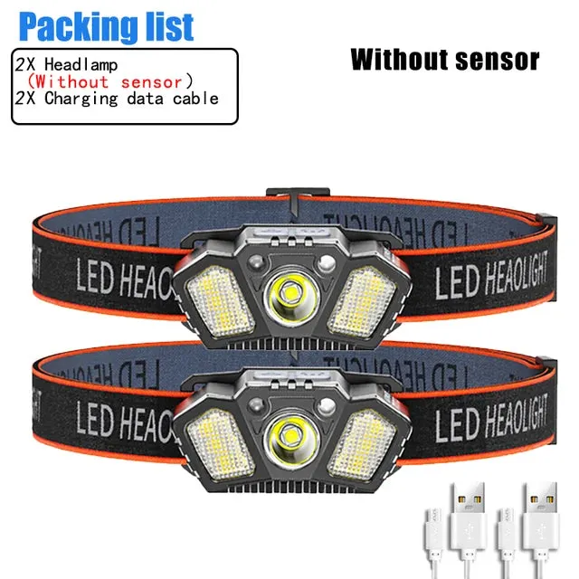 Super Bright LED Sensor Headlamp USB Rechargeable With Red Caution Light 5 Modes Outdoor Fishing Camping Hiking Head Flashlight