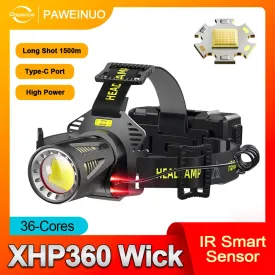 Super High Power XHP360 LED Headlamp Powerful Type-c Rechargeable Led Headlight IR Gesture Sensor for Outdoor Camping Fishing