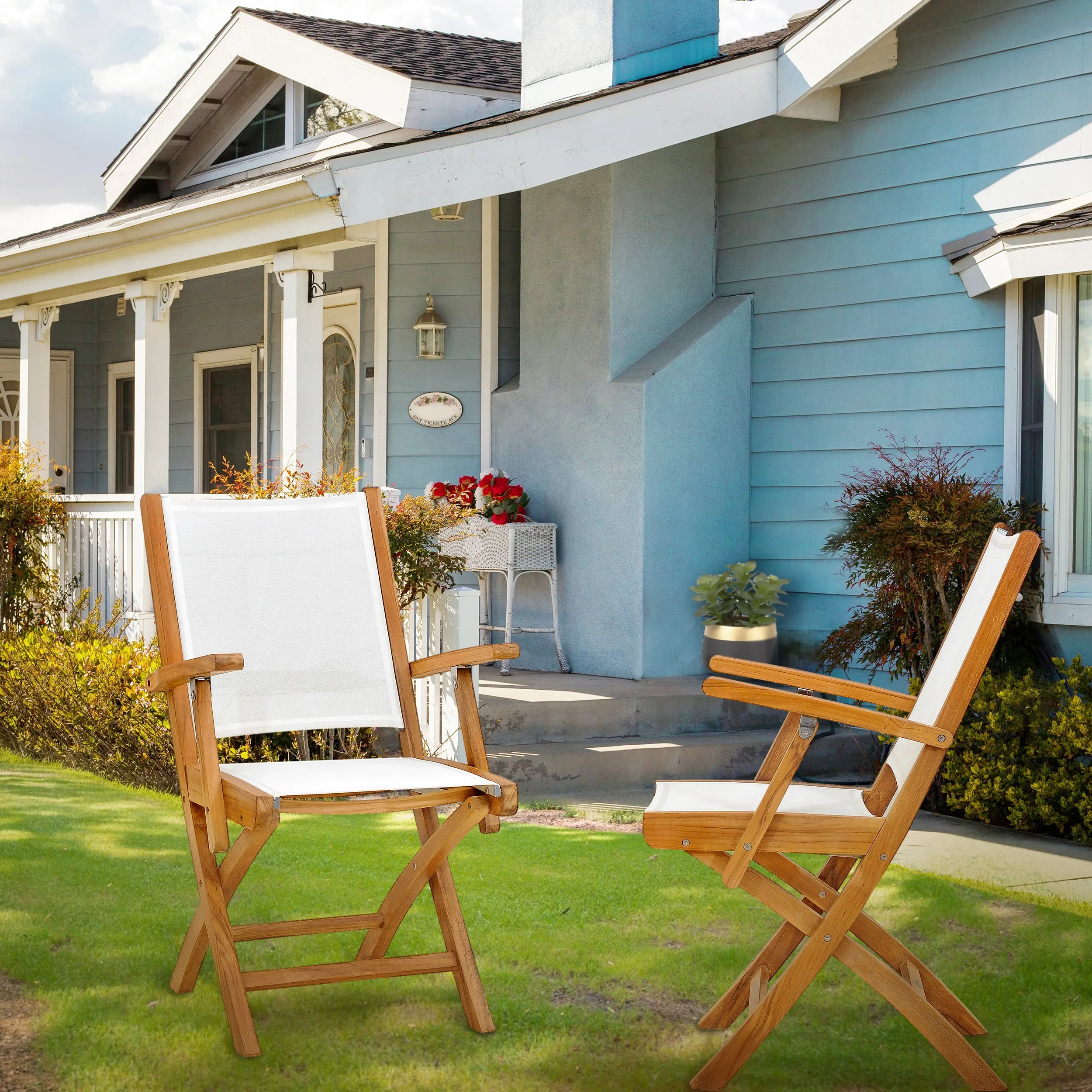 Teak Wood Miami Folding Arm Chair, White (set of 2)