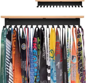 Trophy Shelf with Hooks for Medals - Metal Display Shelf for Wall Mount Ribbon Display, Trophy Shelves for Gymnastics, Soccer, Wrest,Running Race Medals Awards Rack,Trophy Award holder Upgraded