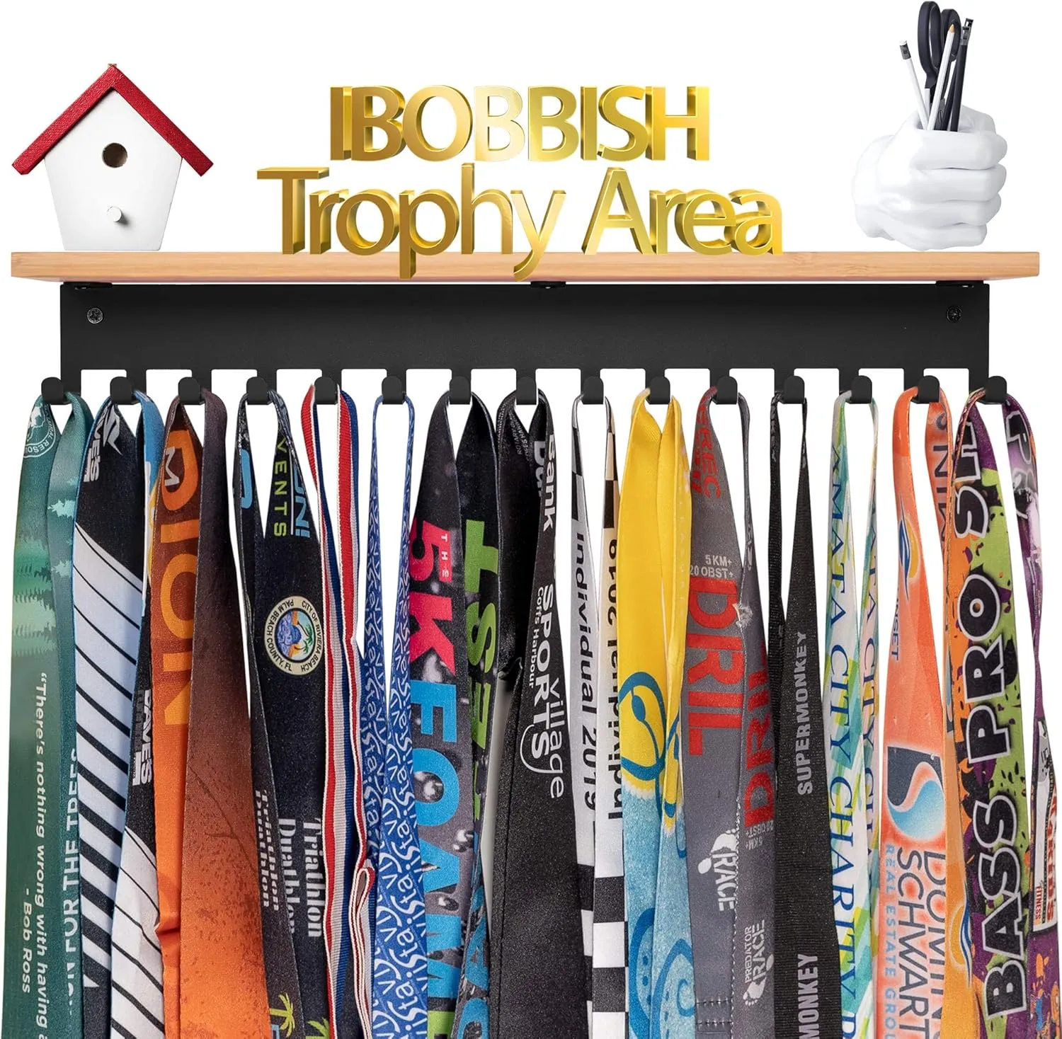 Trophy Shelf with Hooks for Medals - Metal Display Shelf for Wall Mount Ribbon Display, Trophy Shelves for Gymnastics, Soccer, Wrest,Running Race Medals Awards Rack,Trophy Award holder Upgraded