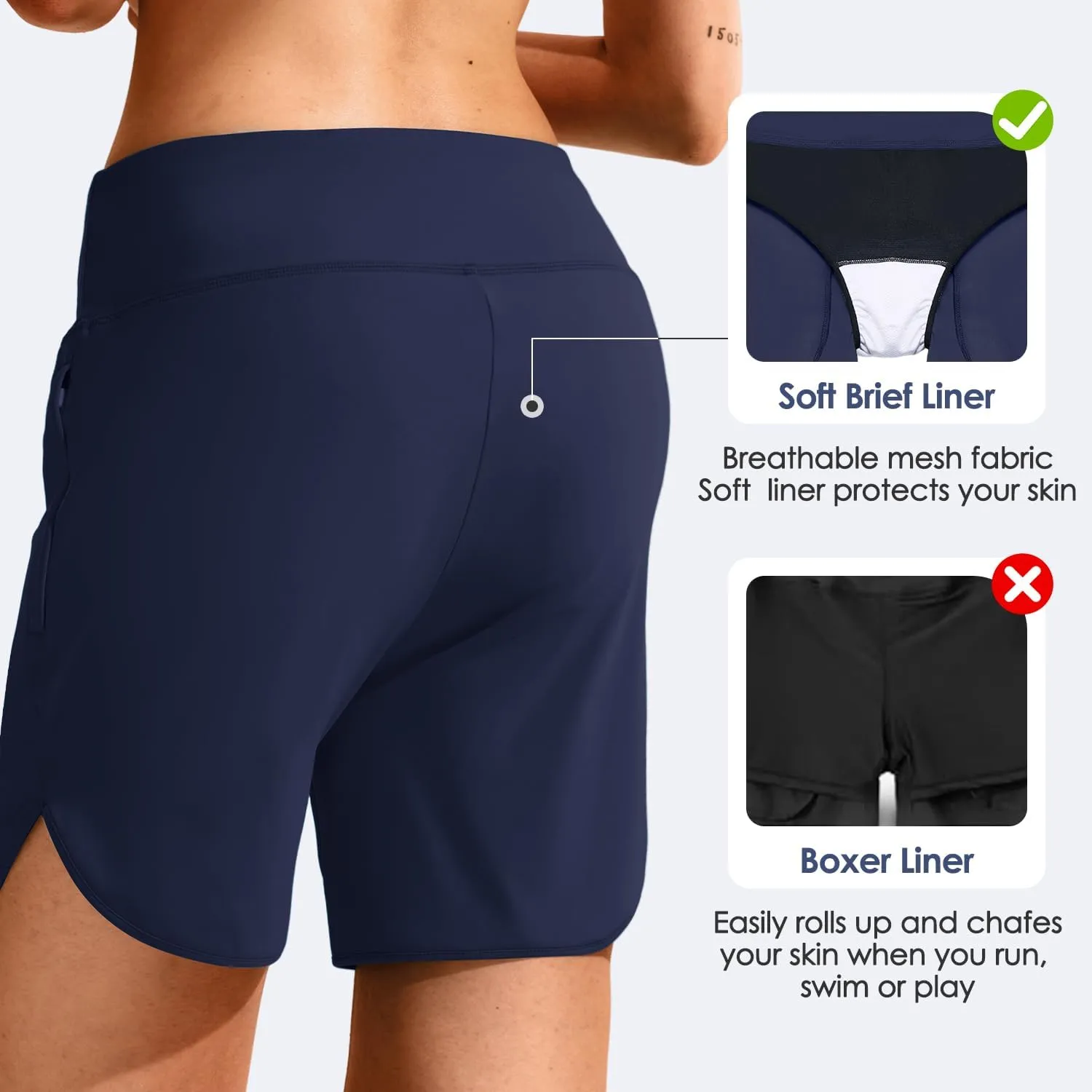 Women's 6" High Waisted Swim Board Short, Quick Dry Beach Swim Shorts with Mesh Brief Liner and Side Pockets