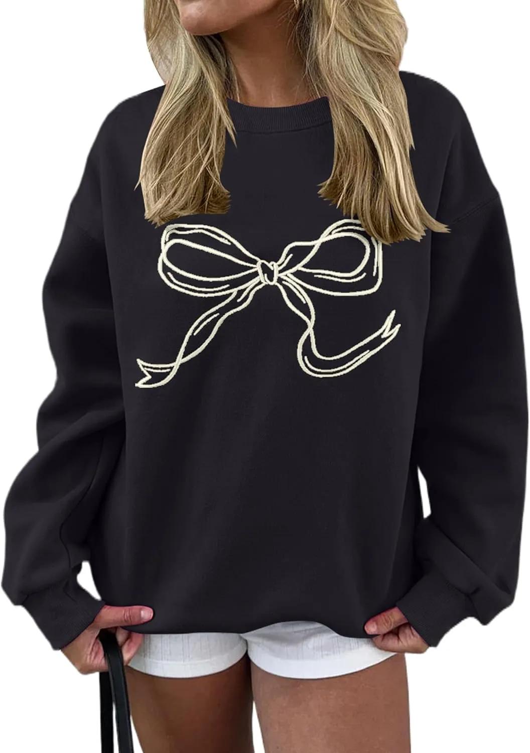 Ythomm Womens Bow Graphic Sweatshirts Oversized Crewneck Drop Shoulder Pullover Sweatshirt Long Sleeve Tops 2024 Fall Outfit