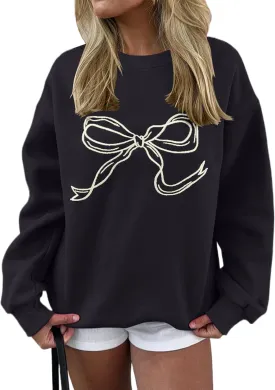 Ythomm Womens Bow Graphic Sweatshirts Oversized Crewneck Drop Shoulder Pullover Sweatshirt Long Sleeve Tops 2024 Fall Outfit