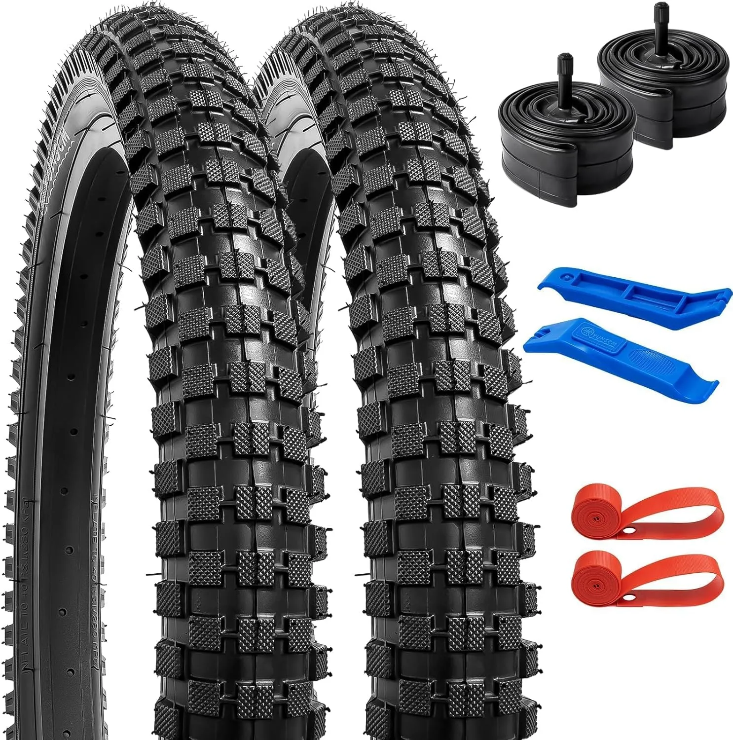 YUNSCM 2-PCS 20" Mountain Bike Tires 20x2.4/64-406 and 20" Bike Tubes Schrader Valve with 2 Rim Strips Compatible with Mountain Bike 20x2.35 20x2.40 Bicycle Tires and Tubes (Y-1094)